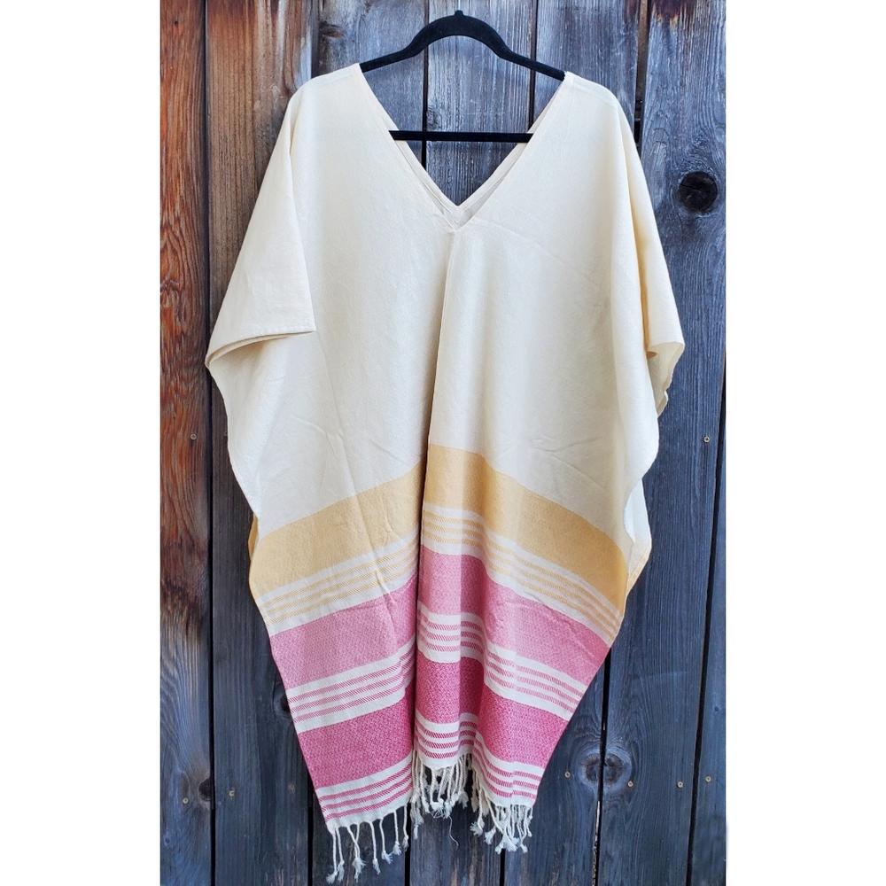 Tribe Alive Cream Pink Striped Fringe Poncho